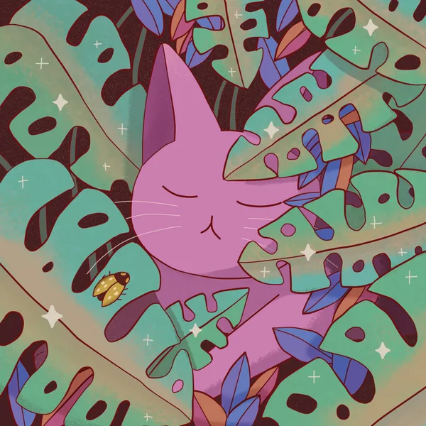 A purple cat napping among huge green monstera and tropical leaves, with a tiny golden beetle